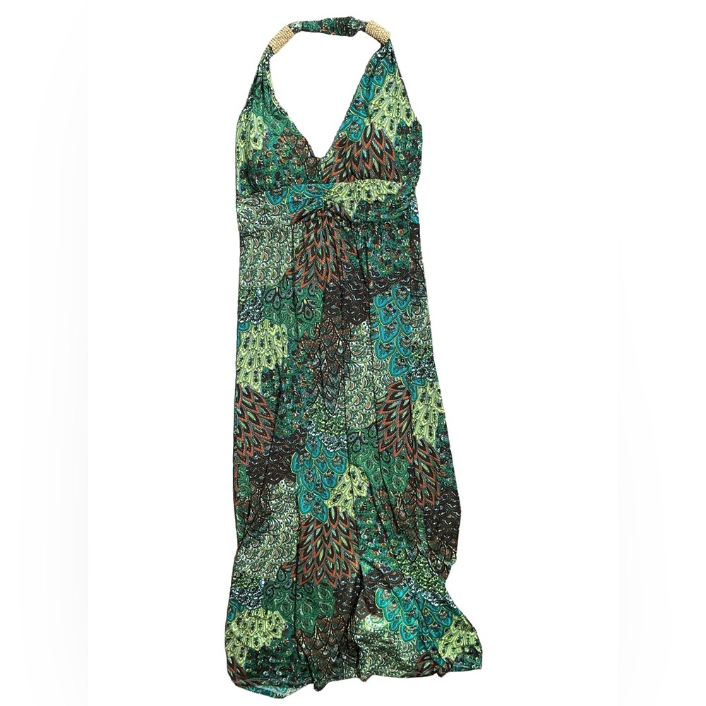 Claudia Richard Halter Maxi Dress Green Paisley Boho Beaded Strap Size M